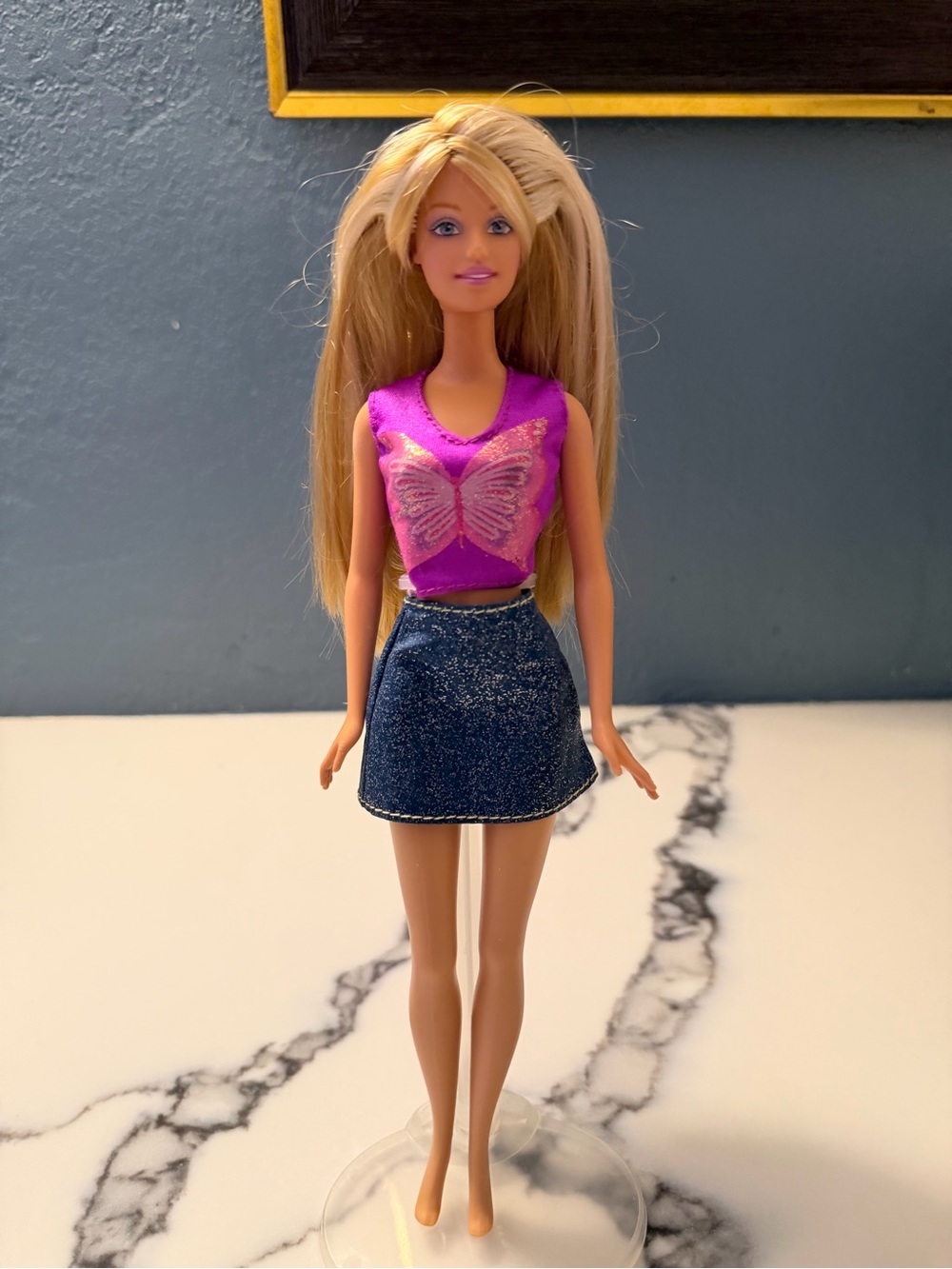 VTG Mattel Barbie Chair Flair Doll PurpleButterfly Print Top AndDenim-Look Skirt